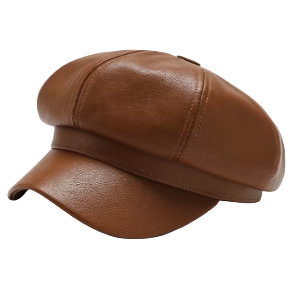 Caramel Brown Faux Leather Newsboy Beret Hat